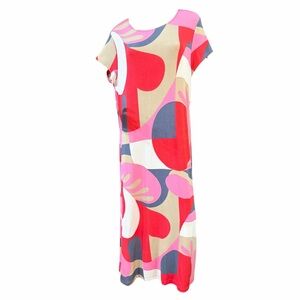 Chico’s Abstract Print Maxi Dress Pink Red Tan Short Sleeve Size 3 XL